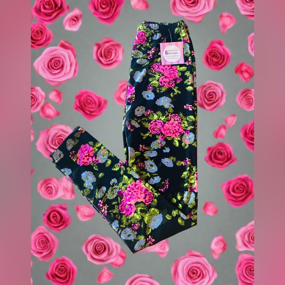 🌹L NEW Girls Pink Rose Valentine’s Day Leggings, Kids Soft Yoga Pants